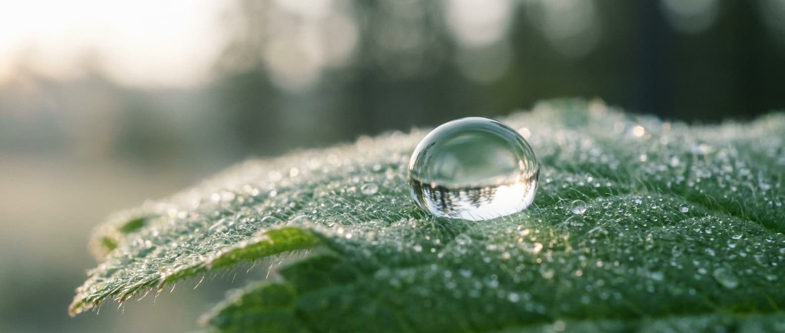 Ein einzelner klarer Wassertropfen auf einem grünen Blatt im Morgenlicht