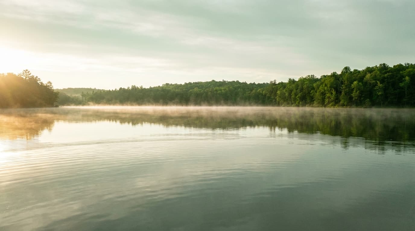 Ein ruhiger See bei Sonnenaufgang mit sanftem Morgennebel