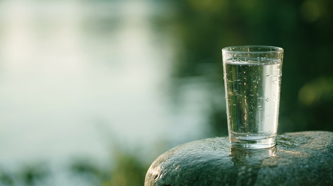 Ein Glas kristallklares Wasser im Morgenlicht — Ruhe und frische Energie