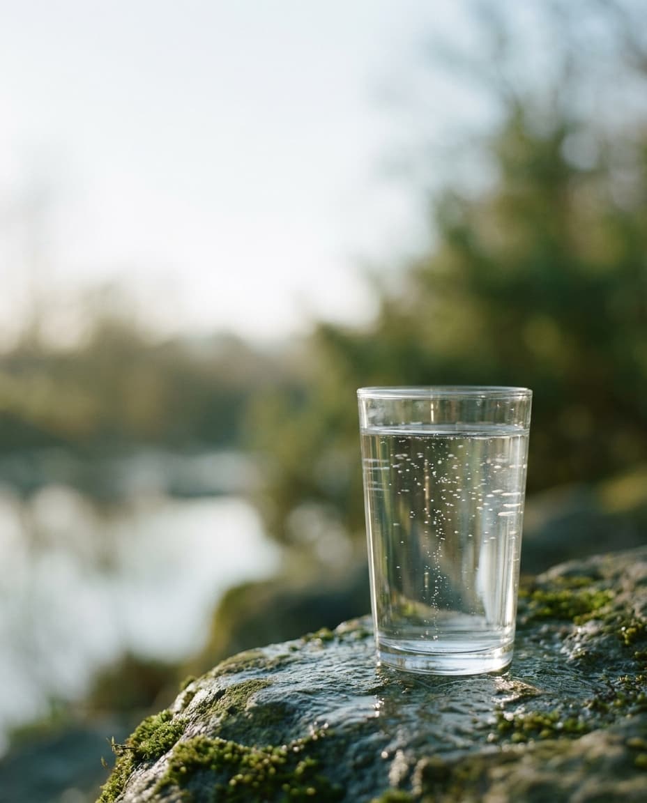 Ein Glas kristallklares Wasser im Morgenlicht