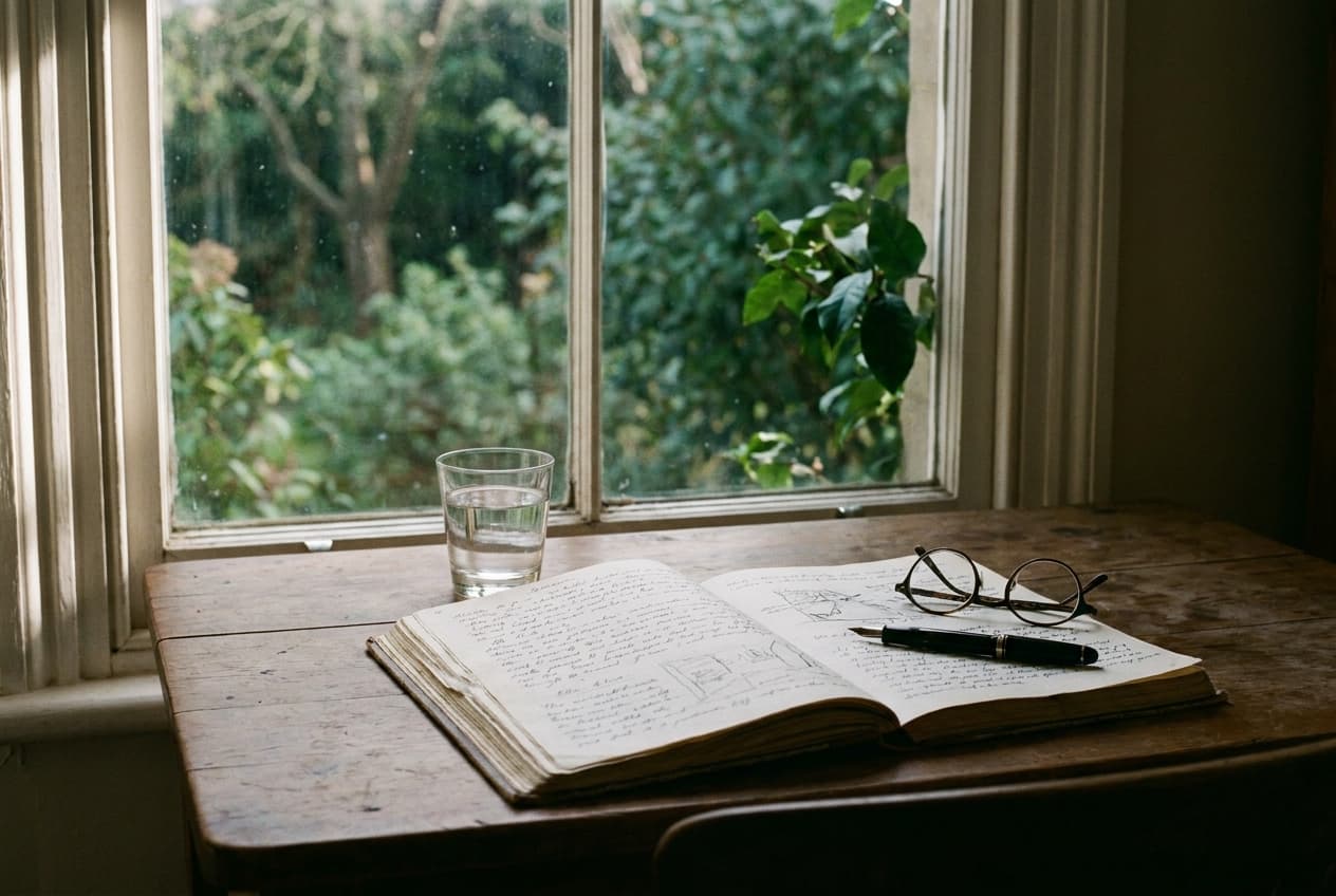 Ein Schreibtisch am Fenster mit Notizbuch, Füller und einem Glas Wasser im Morgenlicht