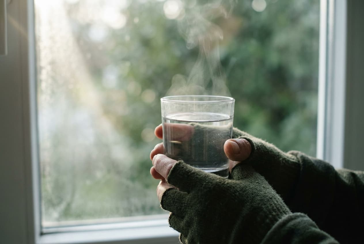 Zwei ruhige Hände halten ein Glas frisches Wasser im Morgenlicht