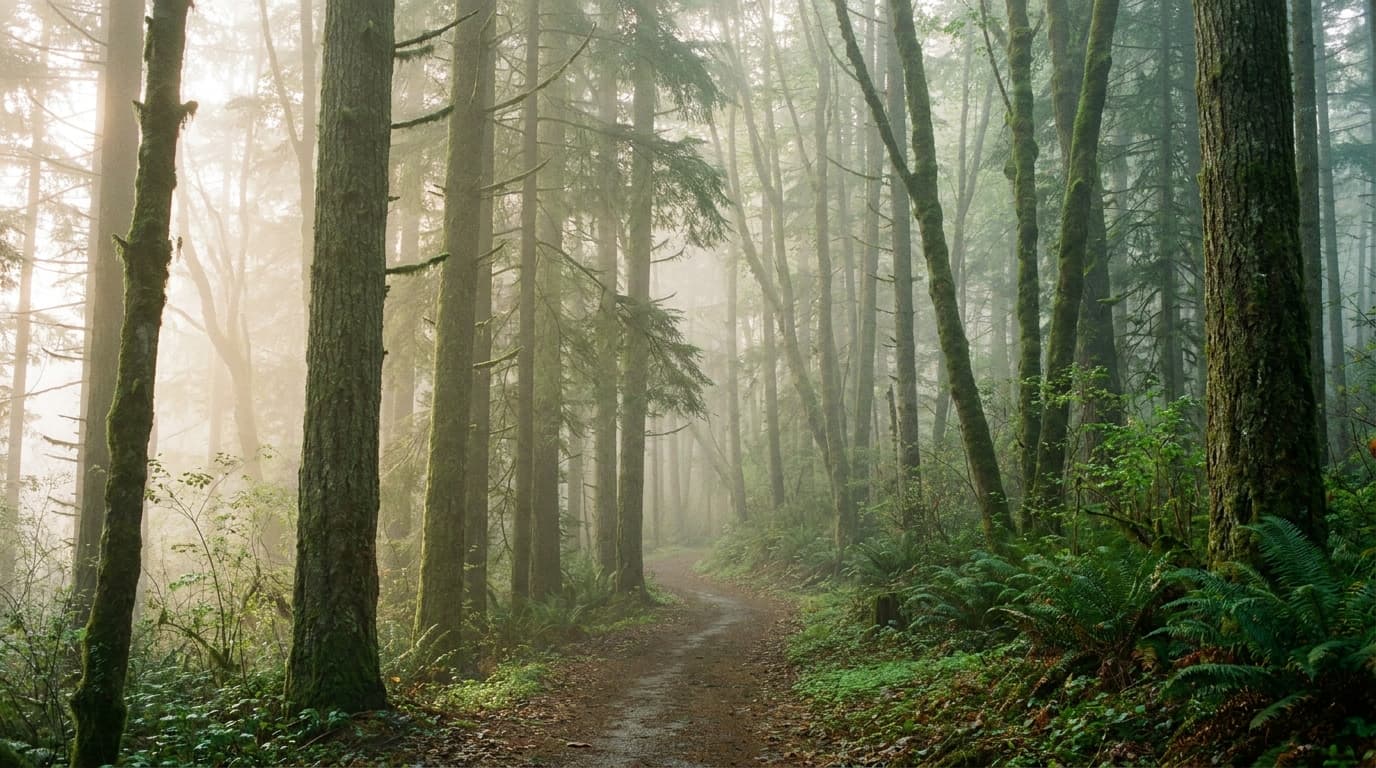 Ein ruhiger Waldweg im Morgennebel — der Weg vom angespannten in den entspannten Zustand